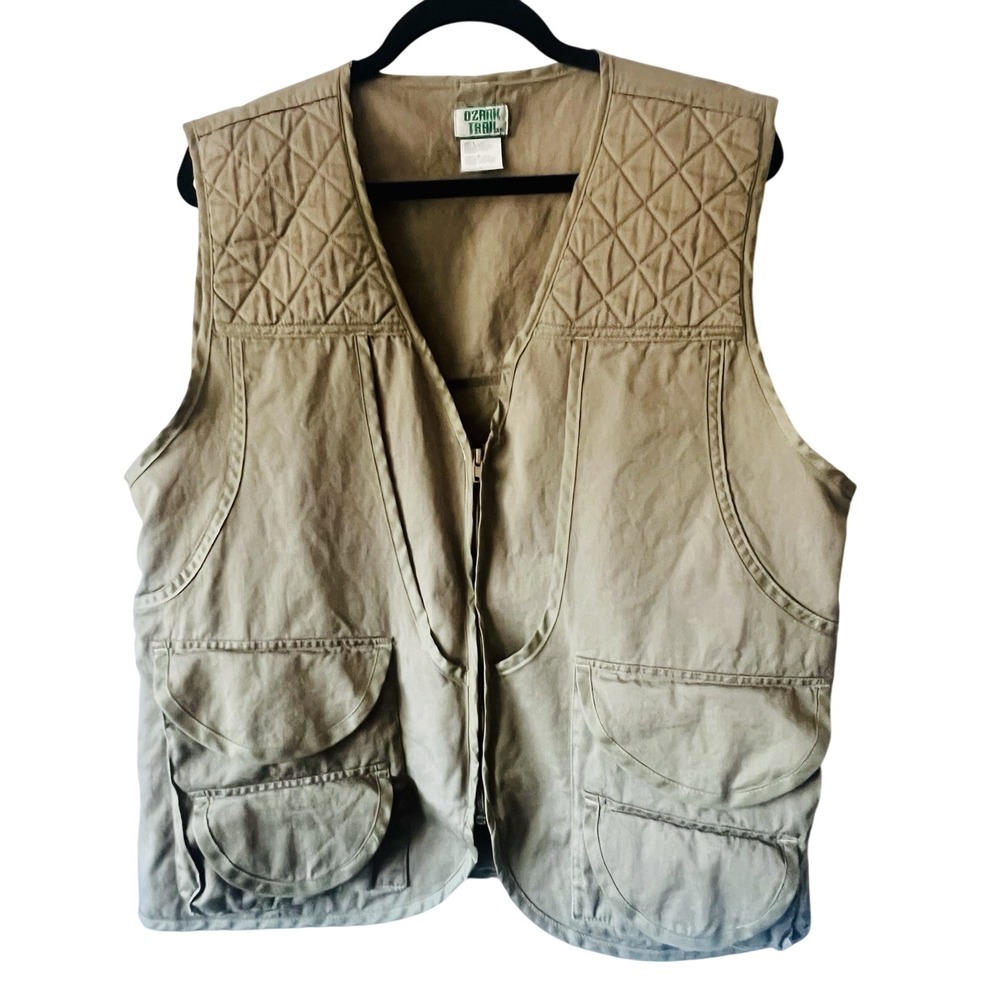 Ozark Trail Mens Large Khaki Cotton Fishing Hunting Vest Multi-Pocket Game Bag